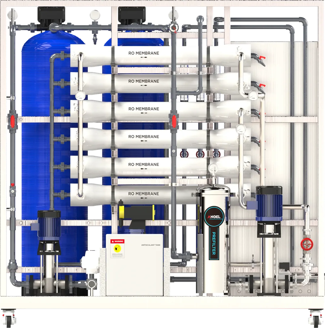 ANGEL ROS10 reverse osmosis skid, rear view showing the membrane array and pump