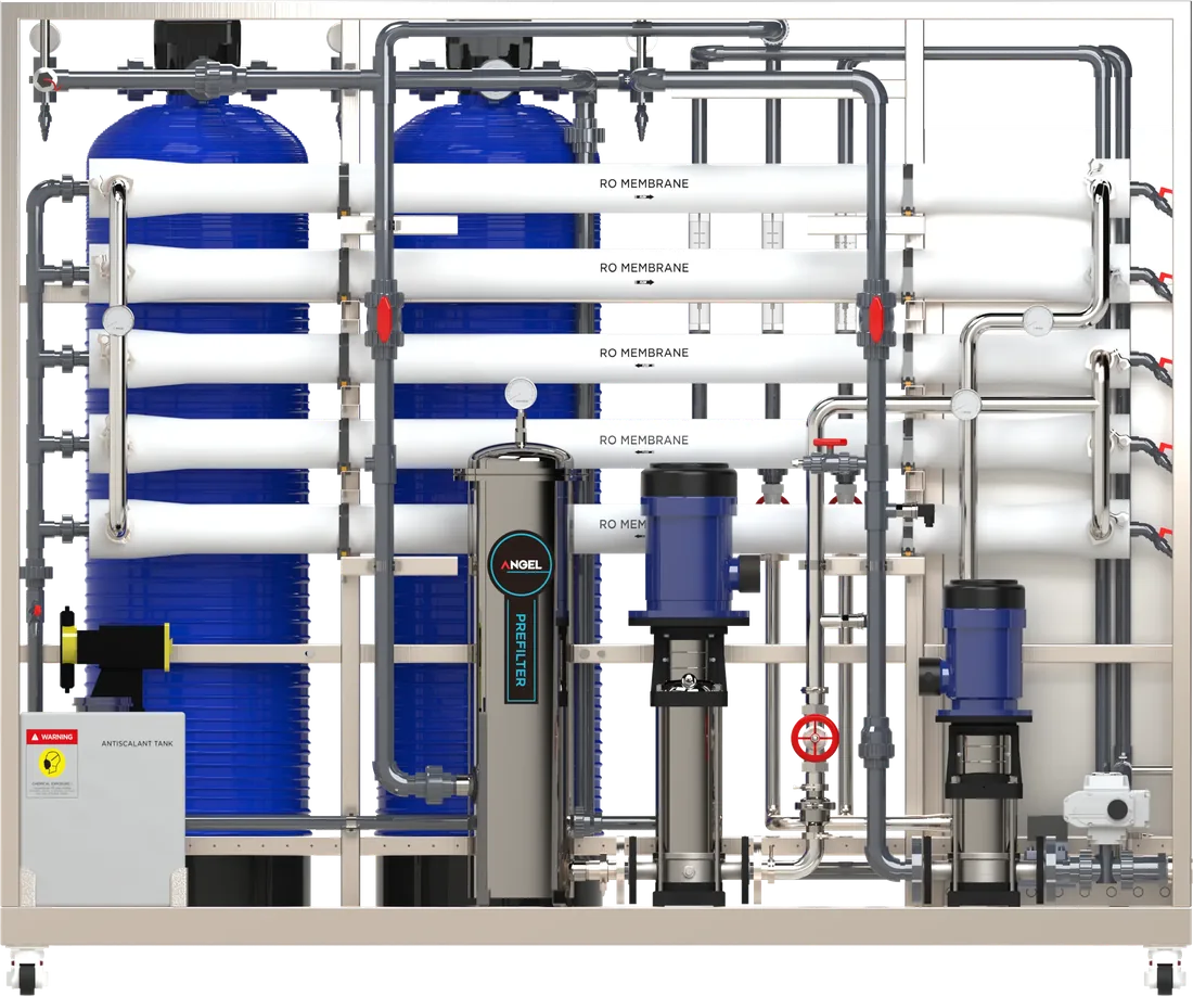 ANGEL ROS15 reverse osmosis skid, rear view showing the membrane array and pump