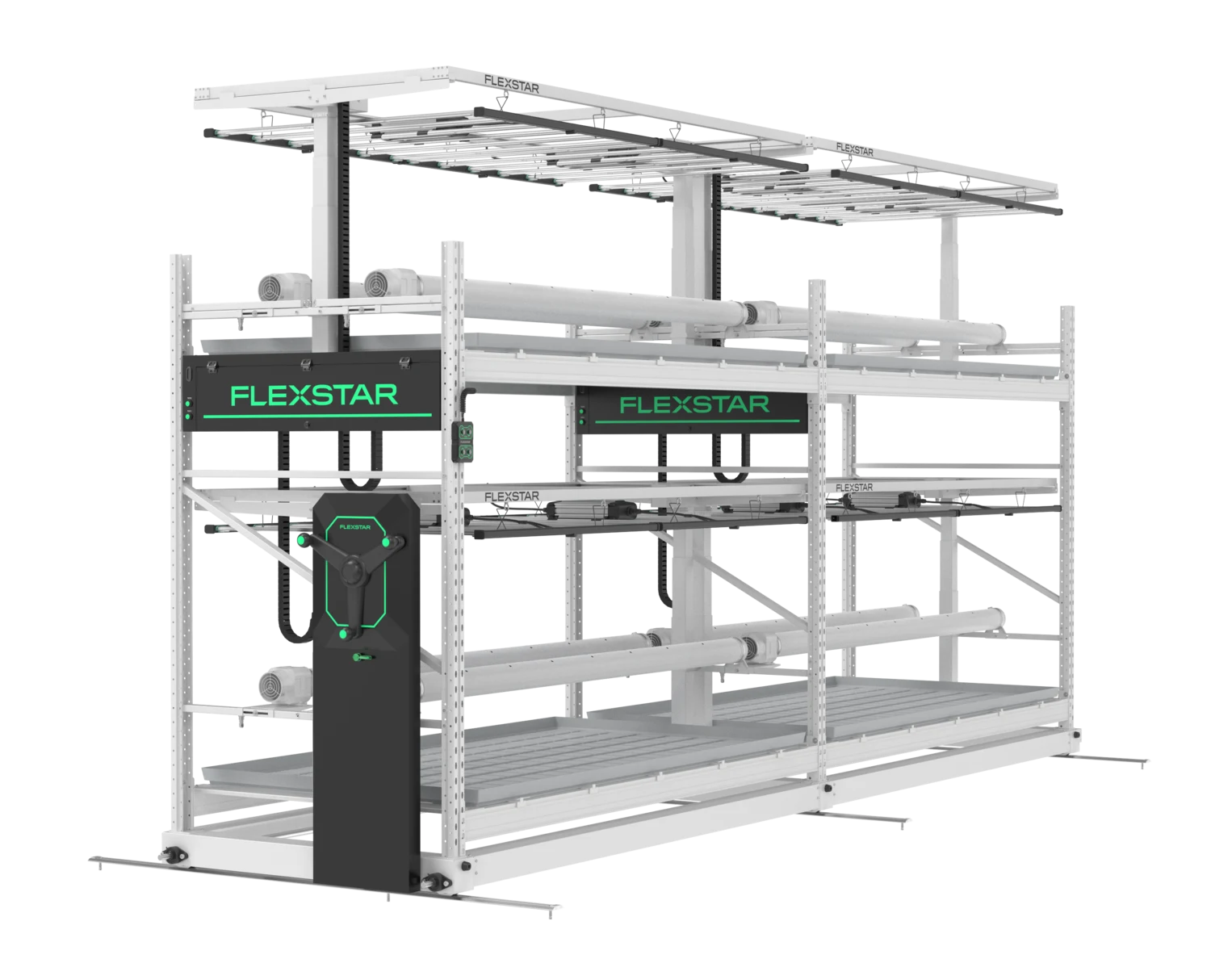 Smart Grow Rack — angled view, lights on
