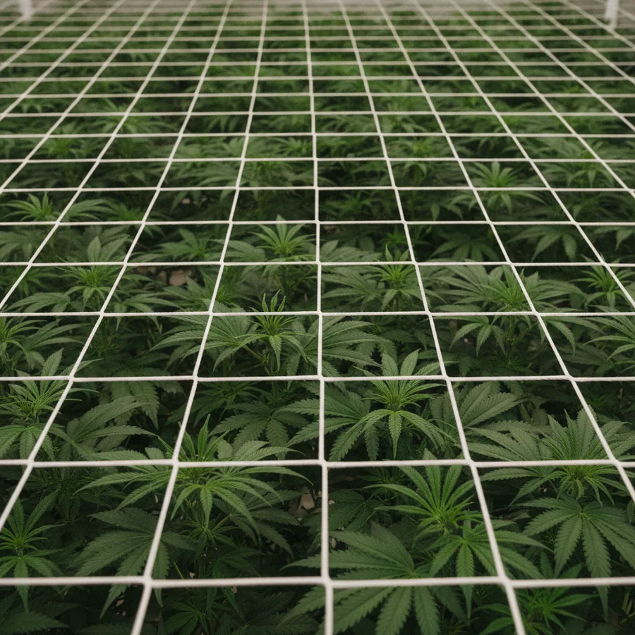 Cannabis SCROG canopy trellis netting installed horizontally over a flower bed