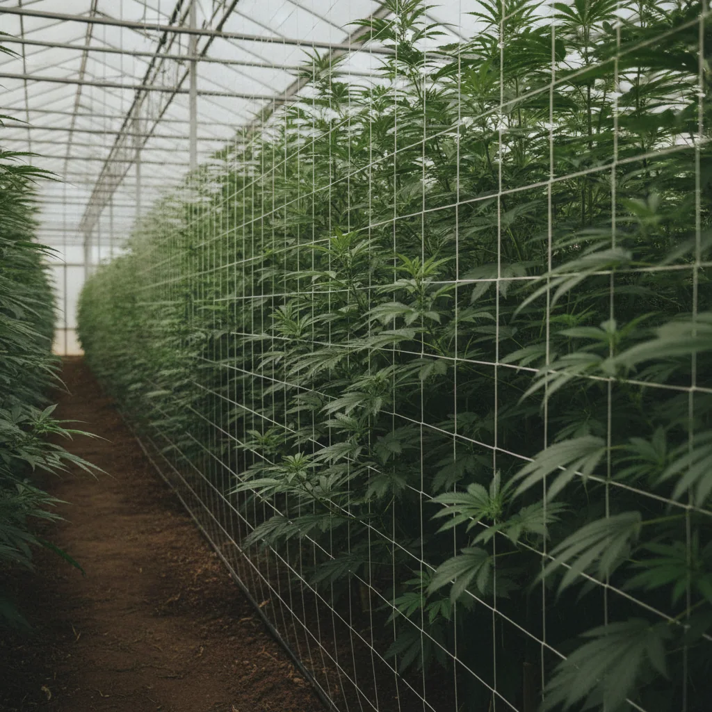 Vertical tutoring netting installed along greenhouse cannabis rows