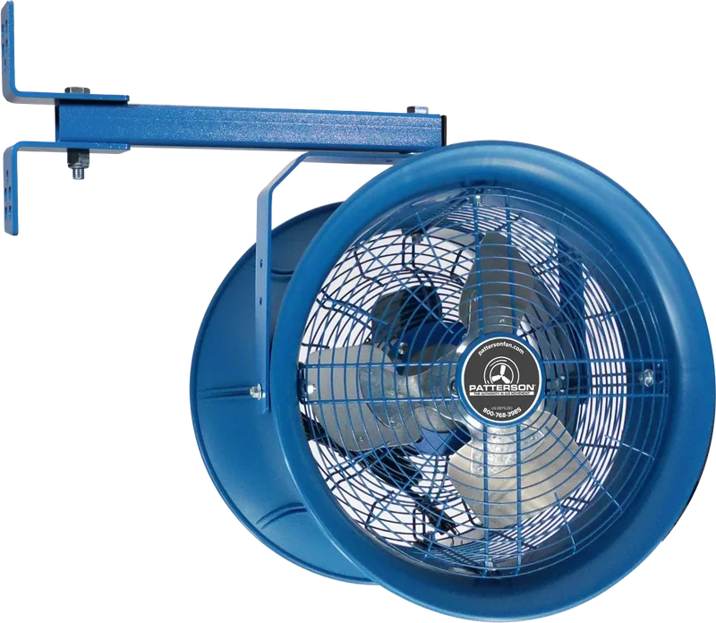 Patterson fan hung from a blue rack mount arm